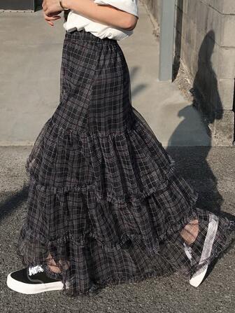 FRIFUL Saia de Tule para Mulheres Petite, Saia de Cintura Alta Doce, Xadrez Primavera/Verão