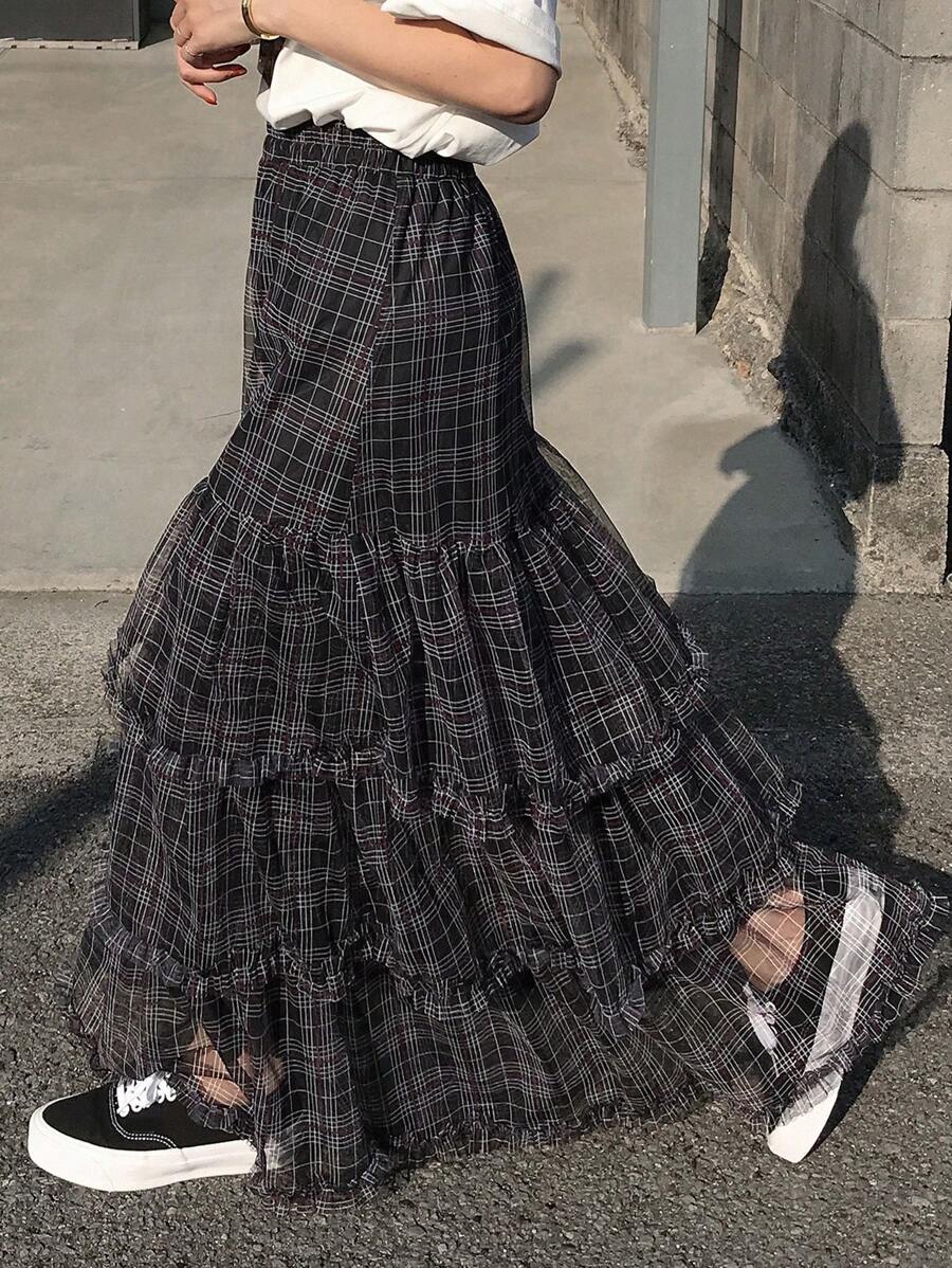 FRIFUL 娇小女式薄纱半身裙，甜美高腰半身裙，春夏格子裙 - 黑色 - 查看 1