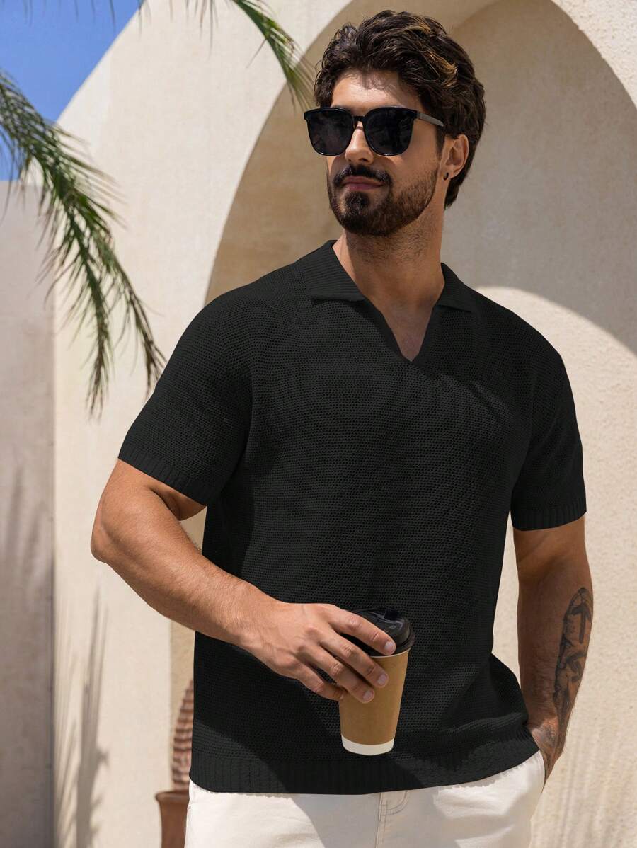 DAZY Men's Solid Black Textured Knit Shirt, Summer - Black - View 1