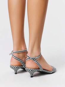 ROMWE Kawaii Elegant Plaid Fabric Kitten Heel Ladies Sandals