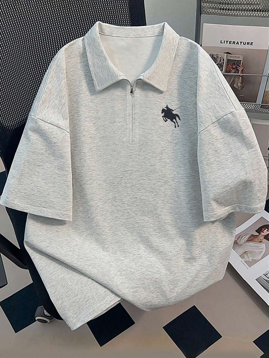 SHEIN 半拉链夏季休闲丝网印花男式 Polo 衫 - 灰色 - 查看 1