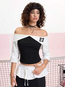 SHEIN MOD 露肩彩色块字母印花学院风衬衫 - 黑與白 - 查看 5