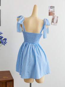Elamini Cute Plaid Tied Strap Mini Dress - Blue and White - View 2