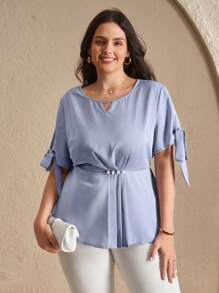 SHEIN Clasi Plus Size Plain Simple Daily Tie Cuff Shirt - Blue - View 6