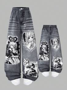 SHEIN Sparklyn 宽松休闲动漫图案阔腿裤，适合青少年女孩的街头风格日常穿着