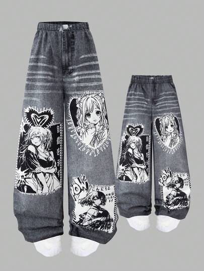 SHEIN Sparklyn 宽松休闲动漫图案阔腿裤，适合青少年女孩的街头风格日常穿着