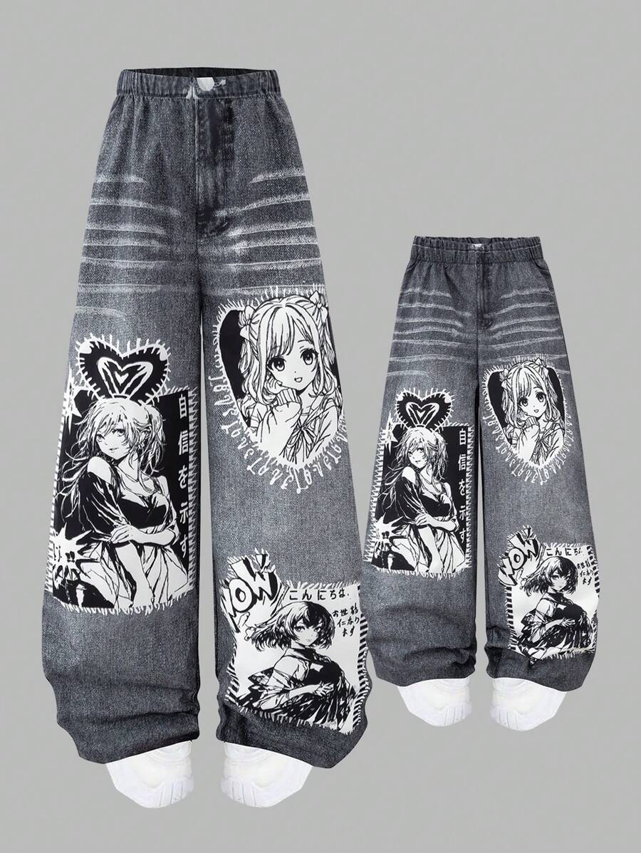 SHEIN Sparklyn 宽松休闲动漫图案阔腿裤，适合青少年女孩的街头风格日常穿着