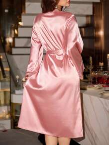 SilkySpell Elegant Lace Patchwork Long Women's Robe Luxe Loungewear, Cozy And Elegant Details, Fall & Winter - Dusty Pink - View 2