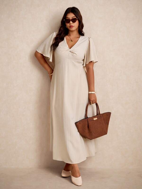 Elaquor Vestido informal tipo línea A con textura, fruncido en la cintura y detalle delantero retorcido, tallas grandes