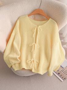 CosyJoli Plus Size Casual Romantic Simple Versatile College Style Bowknot Loose Casual Yellow Knitted Cardigan, Autumn/Winter Fall