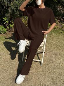 SHEIN EZwear Summer Knit Textured Loose T-Shirt And Wide Leg Pants Set - Brown - View 7