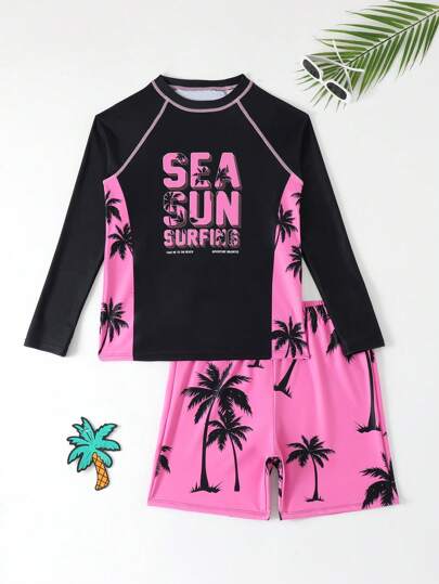 SHEIN 2 件套热带棕榈树印花泳裤和防晒衣泳衣套装，适合青少年男孩，适合夏季海滩、游泳、度假、冲浪、潜水