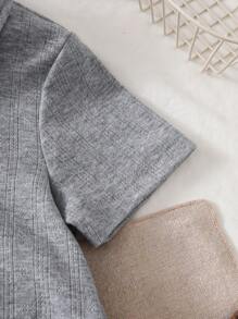 2 Stücke/Set Jacquard Grau Kragen Strickjacke T-Shirt & Weiß Volant Rock Anzug für Kleine Mädchen, süßer Academia Stil für Sommer Lässig Ausflüge, Rückkehr zur Schule - Grau - Übersicht 6