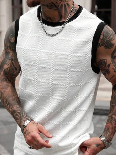 Manfinity CasualCool Camiseta de tirantes casual y fresca para hombres con textura geométrica y bloques de color, adecuada para uso diario, al aire libre, en casa, citas, playa, blanco, regalo para hombres, camiseta de cuello redondo holgada y casual de verano para hombres, ropa urbana, viajes, uso diario