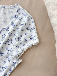 SHEIN 少女甜美碎花白色针织短款T恤，适合春夏季午餐、外出、干净女孩风格、日常家居服 - 白色 - 查看 5