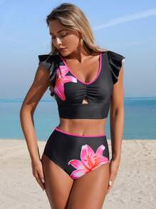 SHEIN Swim 女式休闲夏季度假 V 领花卉印花上衣，带荷叶边细节和高腰分体泳衣套装 - 黑色 - 查看 5