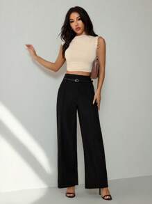 SHEIN PETITE 女款黑色牙签直筒裤（配腰带）,颜色,夏季裤子,女士西装裤,高腰裤,新年女装,度假装女装,商务休闲女装,办公室装女装,老钱风