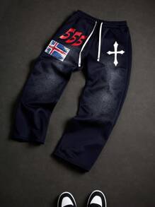 Manfinity EMRG 男士街头风格基督教十字架和冰岛国旗印花海军蓝运动裤 - 藏蓝色 - 查看 7