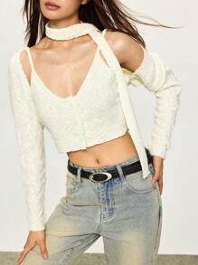 INAWLY Bộ áo len cardigan dài tay màu trơn và áo ba lỗ crop top dệt kim ngắn cho nữ - trắng - Xem 6