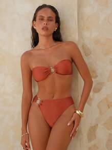 Swim Chiccia Bộ đồ bơi bikini thời trang gợi cảm màu trơn dành cho nữ, 2 trong 1 (cổ yếm & bandeau) áo hở lưng trang trí kim loại & quần bơi tam giác đính kim loại, đồ bơi đi biển mùa hè - Rỉ Nâu - Xem 3