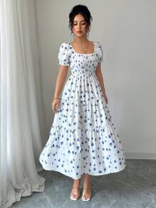 Elenzga Square Neck Waist Cinched Ditsy Floral Elegant Short Dress For Women - Blue and White - View 8