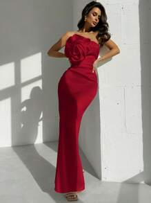 Firerie Đầm Maxi xếp ly hở lưng bằng vải satin 3D gợi cảm mới cho nữ, hở lưng, dự tiệc/dạ hội/sang trọng/cổ điển/ngày lễ/tiệc tối/hẹn hò/gợi cảm - Màu Đỏ Sâu - Xem 5