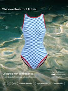 GLOWMODE Glow With The Flow Quick Dry Chlorine Resistant High Neck Back Cutout Removable Cups Colorblock Trim Full Coverage One Piece Swimsuit Swimming Beach Pool Vacation Resort Travel Summer Wear