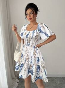 Elenzga Women's Elegant And Chic Commuter Casual Vacation Romantic Gentle Lady Ruffled Short Sleeve Square Neck Waist Fitted A-Line Hem Floral Print Mini Dress (Random Print) - White - View 4