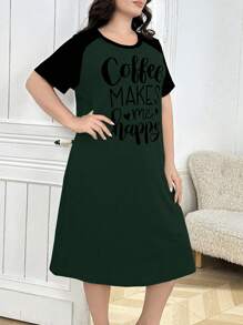 SHEIN Áo ngủ tay raglan in chữ cỡ lớn màu tương phản thường ngày - màu xanh lá - Xem 3