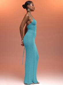 MUSERA 钩针编织露背吊带束身胸衣拼接系带露背长款毛衣连衣裙，适合夏季度假、性感伊比沙岛风情、春季海滩度假、优雅冬季约会之夜、时尚嘉年华假期。 - 藍色 - 查看 2