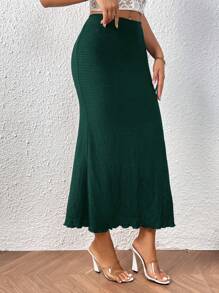 SHEIN PETITE CURVE 大码女式纯色美人鱼下摆长款优雅中长裙 - 墨綠色 - 查看 5