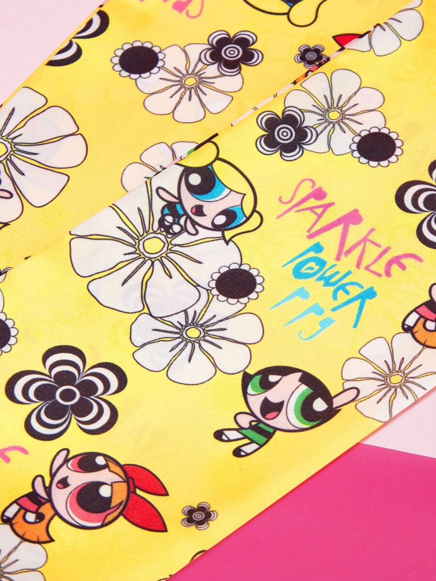 THE POWERPUFF GIRLS X SHEIN Khăn choàng họa tiết hoa và hoạt hình dễ thương, bong bóng, hoa mao lương - Màu vàng - Xem 1