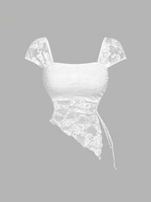 SHEIN MOD 休闲不对称荷叶边白色蕾丝、狂欢、毕业、浪漫、夏季、节日、乡村服装、海滩度假装、茶会、端庄、舞会上衣 - 白色 - 查看 5