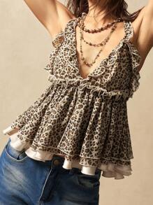 Bohemela Camisa de mujer sin espalda con estampado de leopardo tejido - Marrón - Ver 6