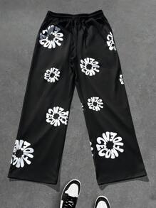 PAVTROS Manfinity Streetrush Men's Letter Print Drawstring Casual Sweatpants, Versatile Rave Pants Men Flower Pants - Black - View 1