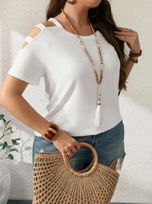 EMERY ROSE Plus Size Women Solid Hollow-Out Short Sleeve Casual T-Shirt, Spring And Summer
