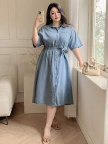 Dazy Plus Light Blue Washed Denim Turn Down Collar Rolled Up Sleeve Cinched Waist Waist Mid-Length Denim Dress - Blue - View 6