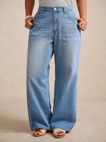 Elaquor 大码女式口袋宽松阔腿休闲百搭牛仔裤 - 淺色水洗藍 - 查看 4