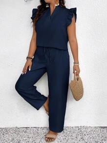 SHEIN Frenchy 2pcs Set Plus Size Solid Color Notched Neck Top And Drawstring Waist Wide Leg Pants,2 Pieces Summer Outfit - Navy Blue - View 5