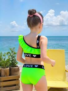Young Girls Asymmetrical Ruffled Bikini Swimsuit Set - Green - View 2