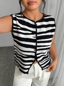 Plus Size Women's Round Neck Single Breasted Casual Versatile Knitted Vest - Multicolor - View 11