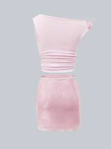 INAWLY 2pcs/Set Women Solid Color 3D Floral Decor Asymmetric Neck Top And Sequin Bodycon Midi Skirt - Pink - View 2