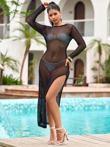 Women Solid Color Sheer High Slit Long Sleeve Sexy Sweater Dress Fall Cloth For Women - Black - View 3