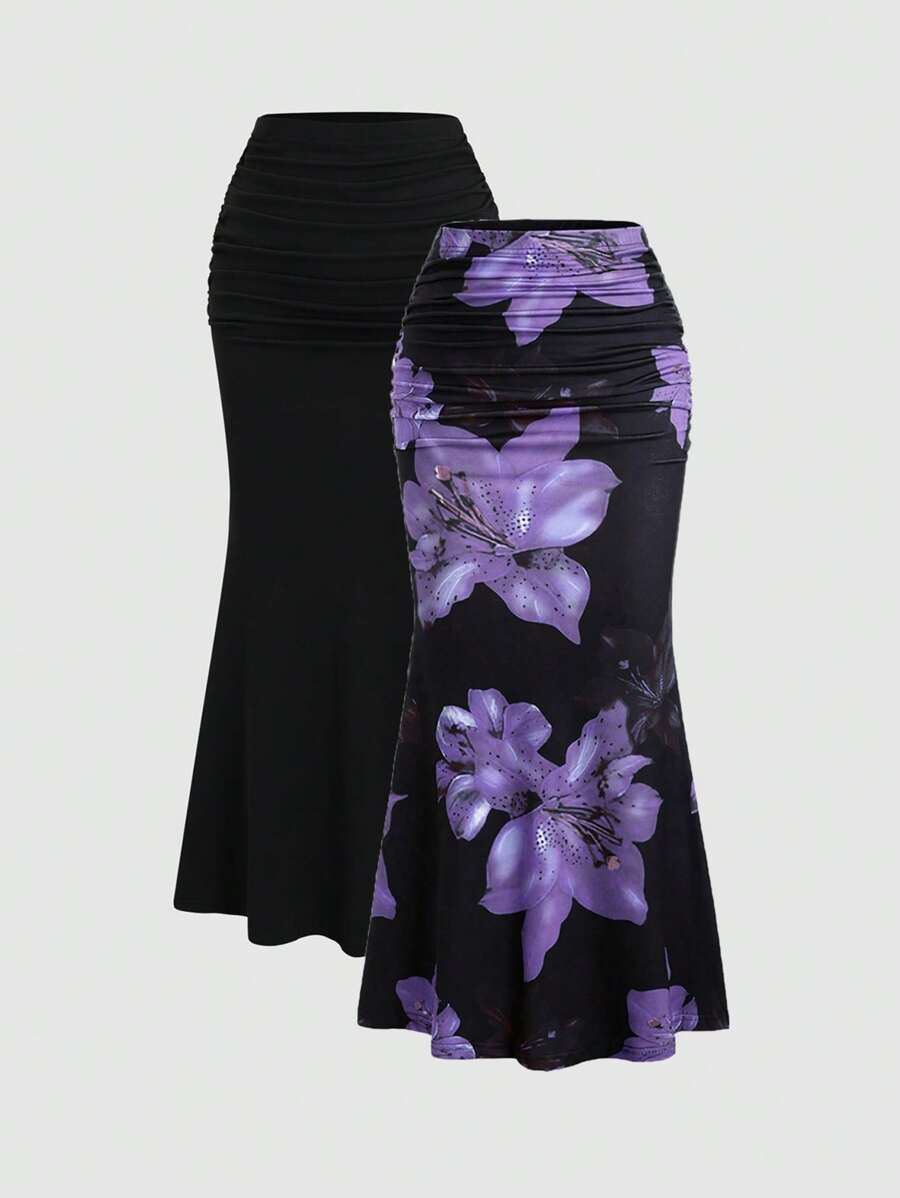 SHEIN Unity Bộ 2 váy đuôi cá màu trơn và chân váy in hoa dự tiệc thanh lịch cho nữ - Màu tím - Xem 1