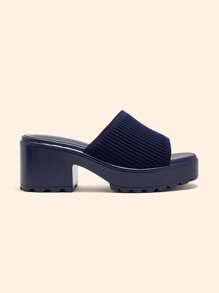 CUCCOO BASICS Women's Fashion Navy Blue Fabric Upper Casual Thick Heel Platform Sandals For Christmas - Blue - View 2