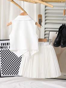SHEIN Conjunto de Top Sem Manga e Saia Plissada para Meninas Jovens, Adequado para Uso Escolar e Outdoor - Branco - Visão 3