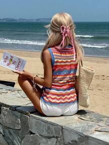 Breezaya Maglione smanicato in maglia colorato con motivo traforato stile boho, da festival musicali, con lacci