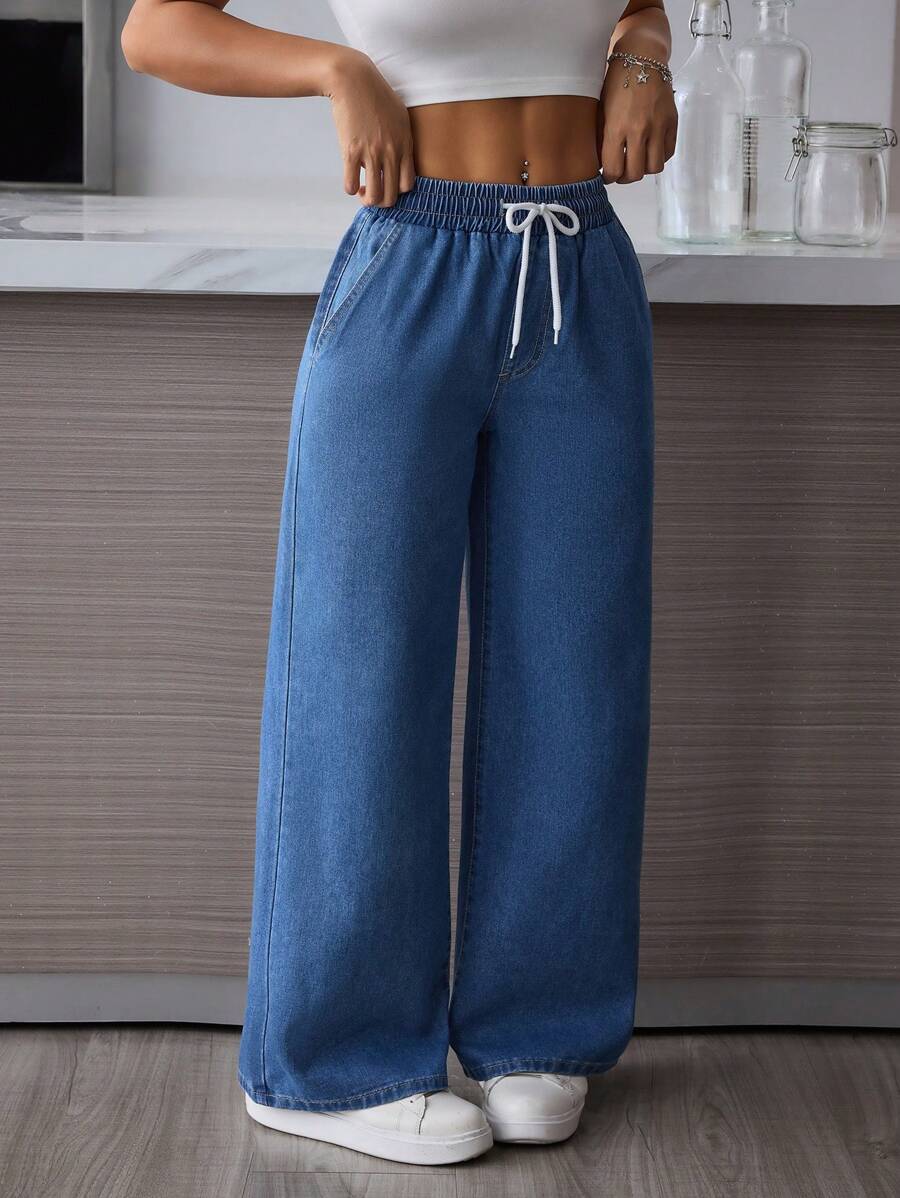 SHEIN PETITE Women's Drawstring Waist Pocket Wide Leg Loose Casual Jeans - Blue - View 1