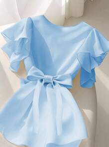 Franclia 女士优雅束腰蝴蝶结领盖袖衬衫 - 藍色 - 查看 2