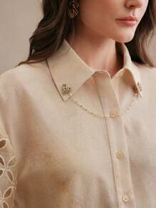 Anewsta بلوزة من الأتلاس مطرزة بالترتر أنيقة بأكمام طويلة فضفاضة وشاملة - أصفر - مشاهدة 4